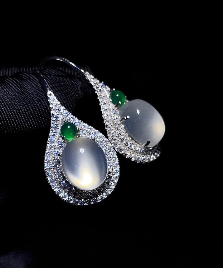 Silk Sterling Silver Inlaid Zircon Jade Stud Earrings