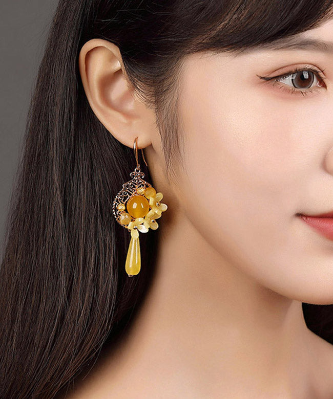 Unique Yellow Jade Sterling Silver Yellow Agate Drop Earrings