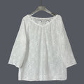 Comstylish Women's Retro Lace Cotton And Linen Mid-length Sleeves V-neck Top