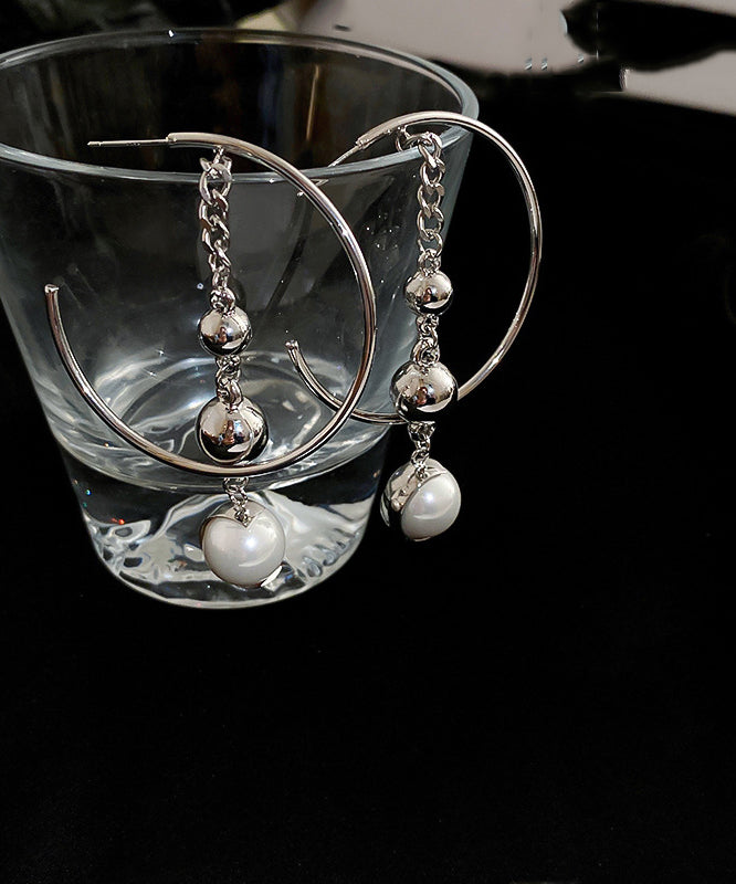 Vogue Silk Copper Pearl Geometry Chain Drop Earrings