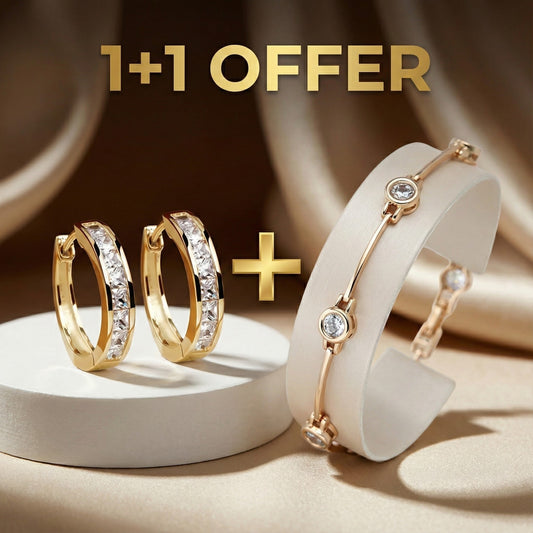 1+1 Offer: Gold and Crystal Earrings + Bracelet With Zirconias in Gold