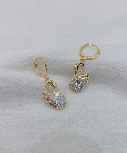 Gold Alloy Zircon Crystal Swan Drop Earrings