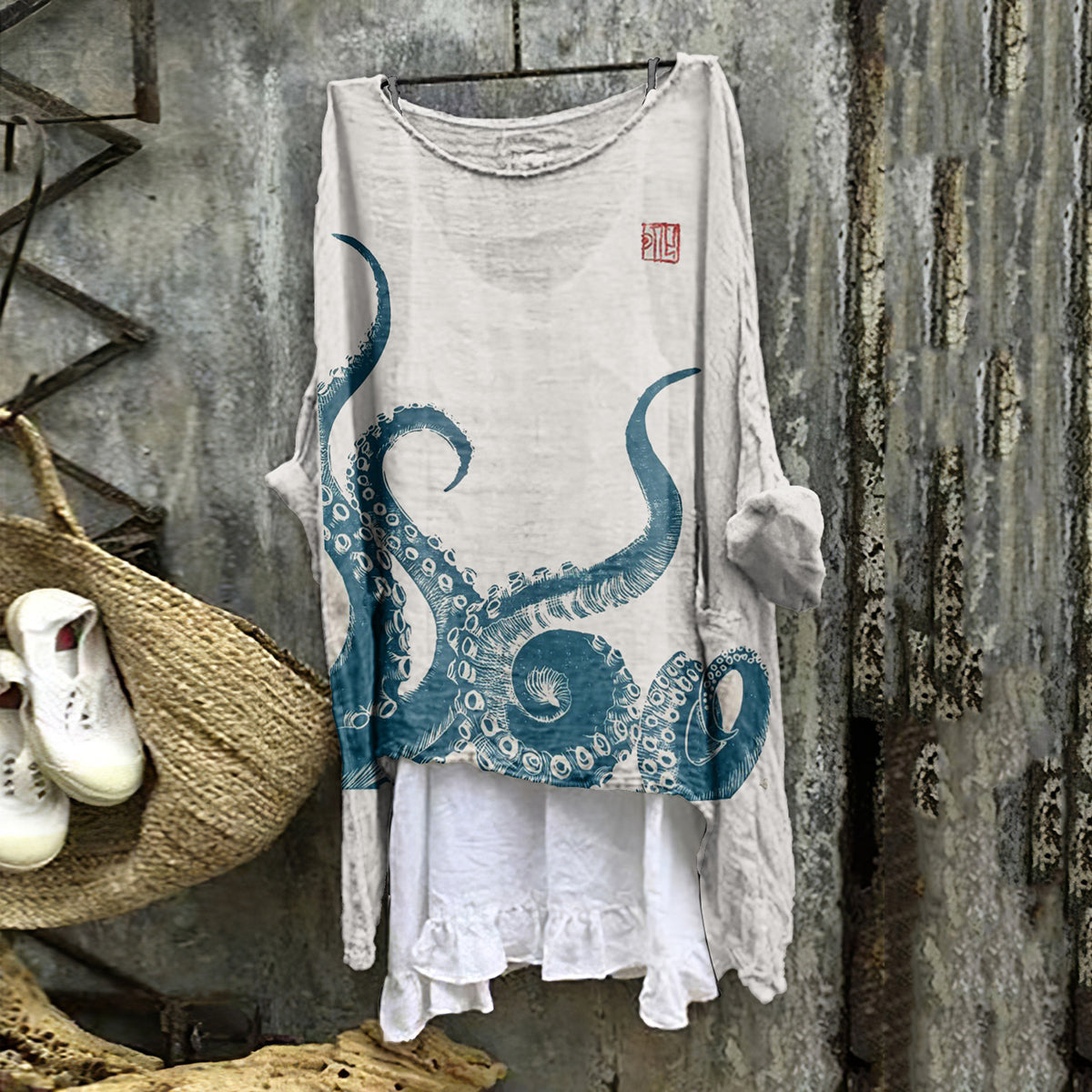 Vintage Japanese Art Octopus Cozy Linen Blend Shirt elevenforest