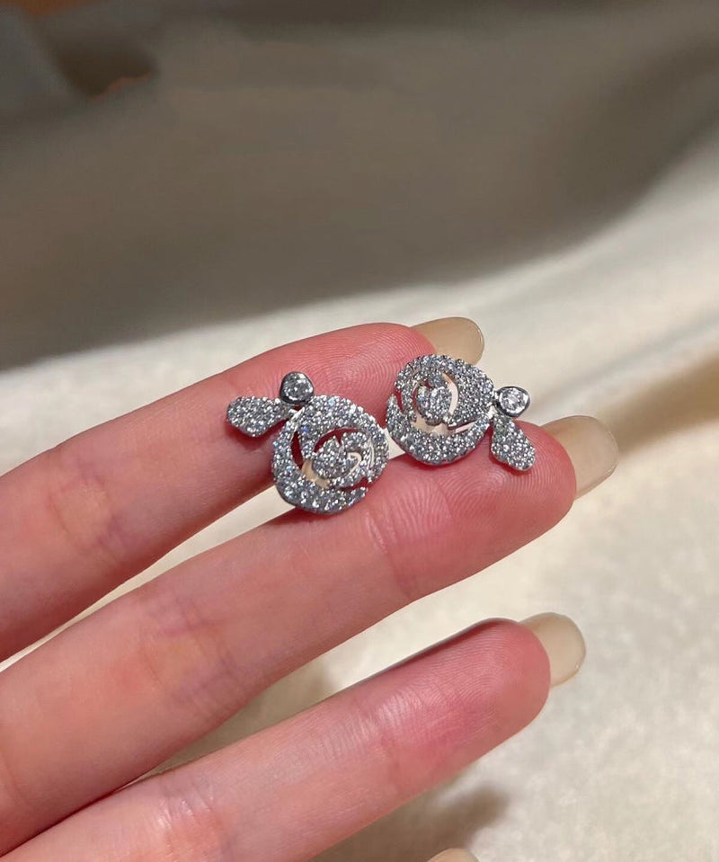 Art Silk Sterling Silver Zircon Rose Stud Earrings