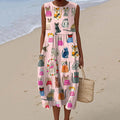 Women's Cute Cat Art Print Linen Dress elevenforest