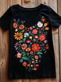Women's Ethnic Floral Art Print V-neck Cotton T-shirt