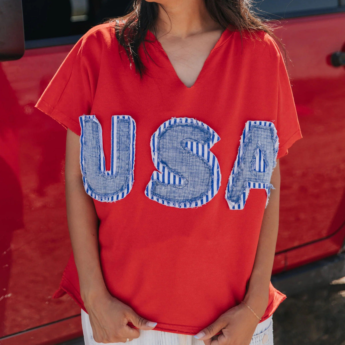 Women's Usa Stripe Applique Art V-neck T-shirt elevenforest