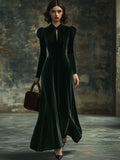 Fashion Party Solid Color Velvet Stand Collar Bowknot Long Sleeve Maxi Dress