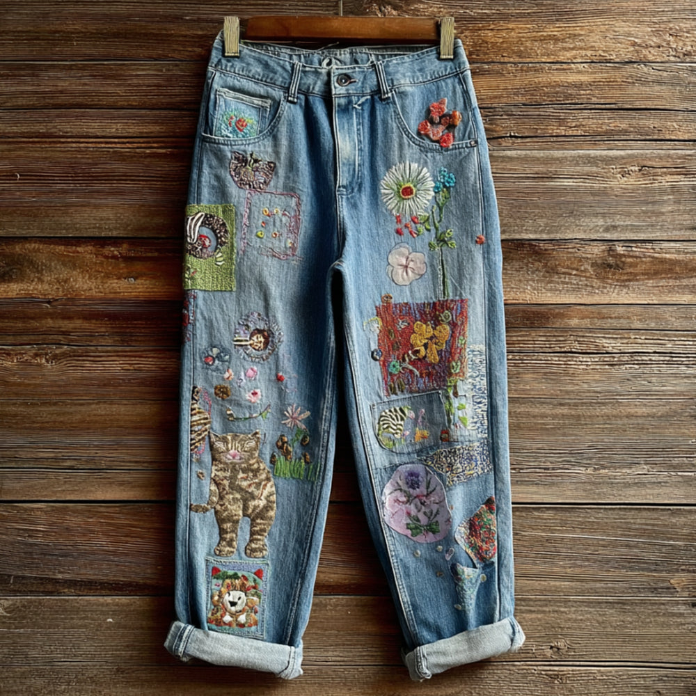 Women's Bohemian Style Multi-colored Floral Cat-print Cute Embroidered Jeans elevenforest