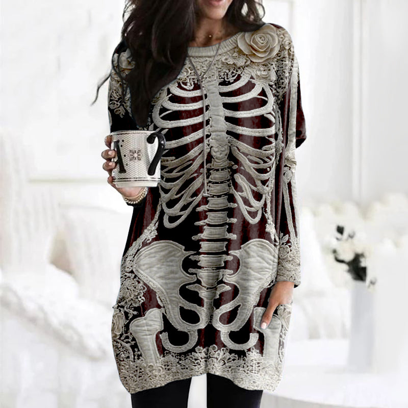 Comstylish Comstylish Women's Halloween Skeleton Bones With Rose Art Cozy Knit Turtleneck Mini Sweater Dress