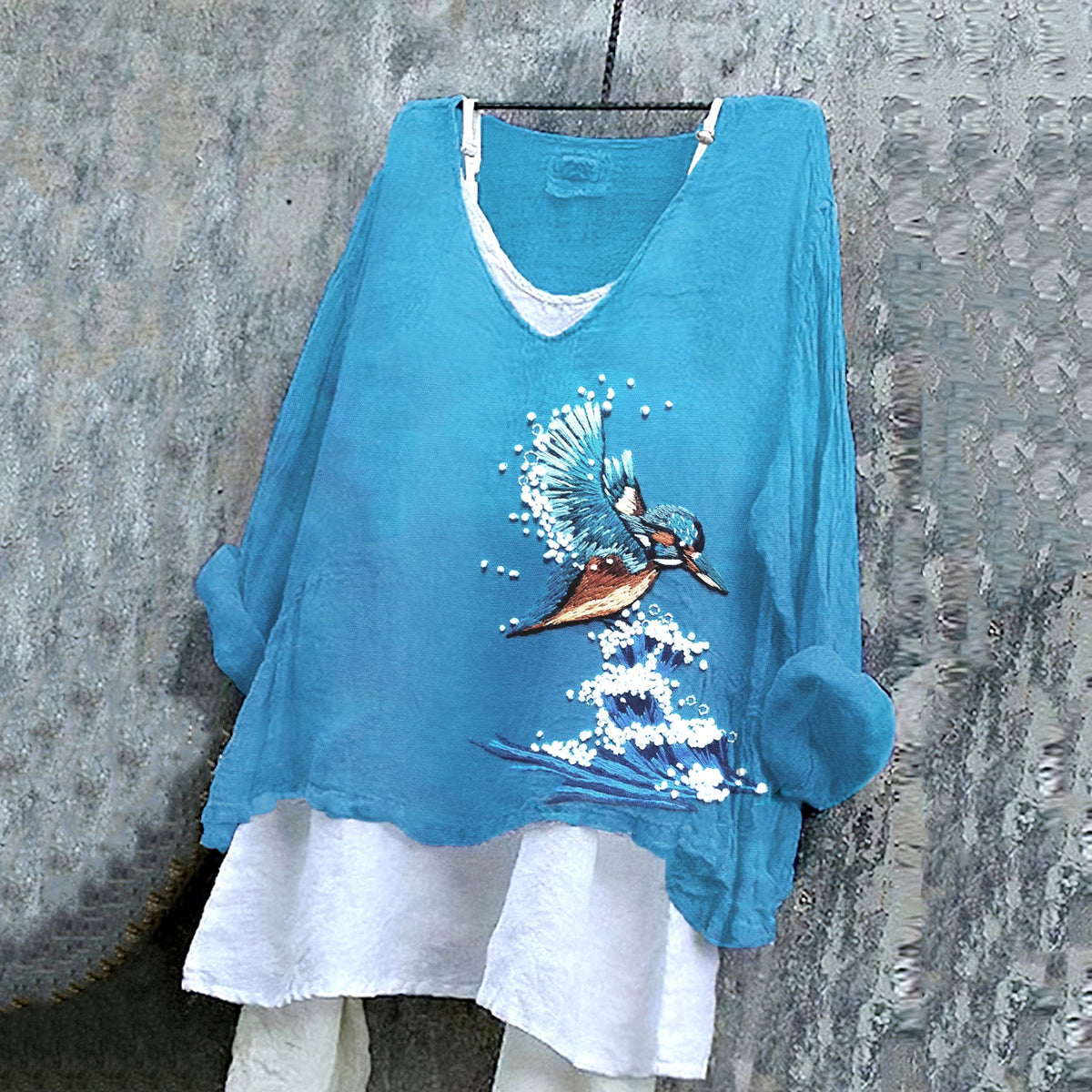 Comstylish Women's Ocean Birds Kingfisher Embroidery Art Cotton And Linen Shirt