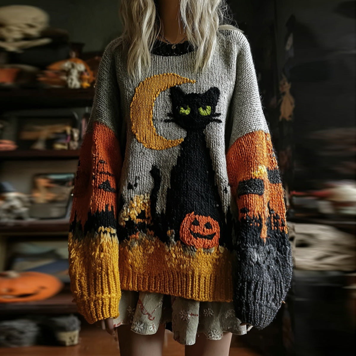 Halloween Black Cat And Pumpkin Art Patch Cozy Knit Sweater elevenforest