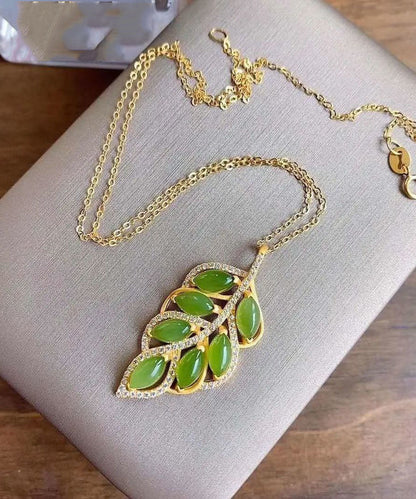 Green Jade Zircon Leaf Pendant Necklace
