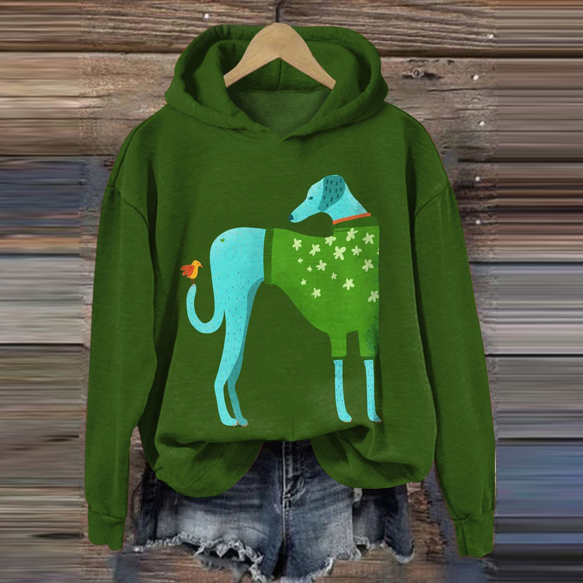 Comstylish Greyhound In A Green Sweater Art Print Casual Sweatshirt