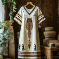 Egyptian Cat Tribal Totem Women's Linen Short Sleeve Maxi Dress elevenforest