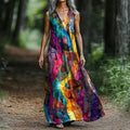 Women's Abstract Rainbow Art Print V-neck Tank Midi Dress elevenforest