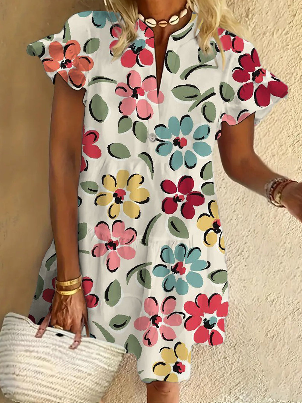 Colorful Flowers Ruffled Short-sleeved V-neck Buttoned Dress Vacation Beach Dress