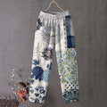Japanese Flower Art Print Linen Blend Pocket Pants elevenforest