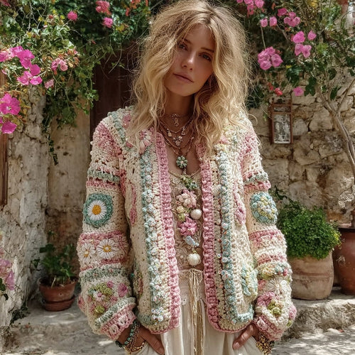 Women's Boho Colorblock Granny Check Chunky Knit Cardigan Sweater elevenforest