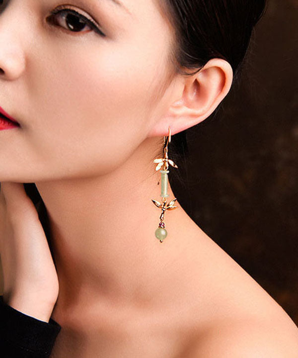 Green Jade Bamboo 14k Gold Tassel Drop Earrings