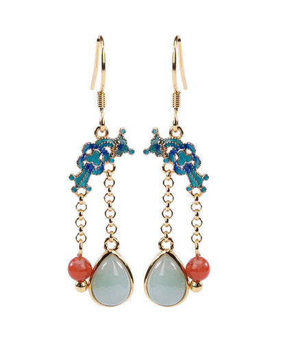 Blue Sterling Silver Gold Plated Cloisonne Jadeite Water Drop Jade Drop Earrings