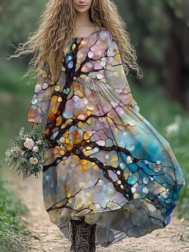 Comstylish Oil Flower Tree Art Women's Linen Maxi Dress