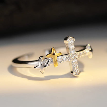 Gold Star Cross Ring - (adjustable)