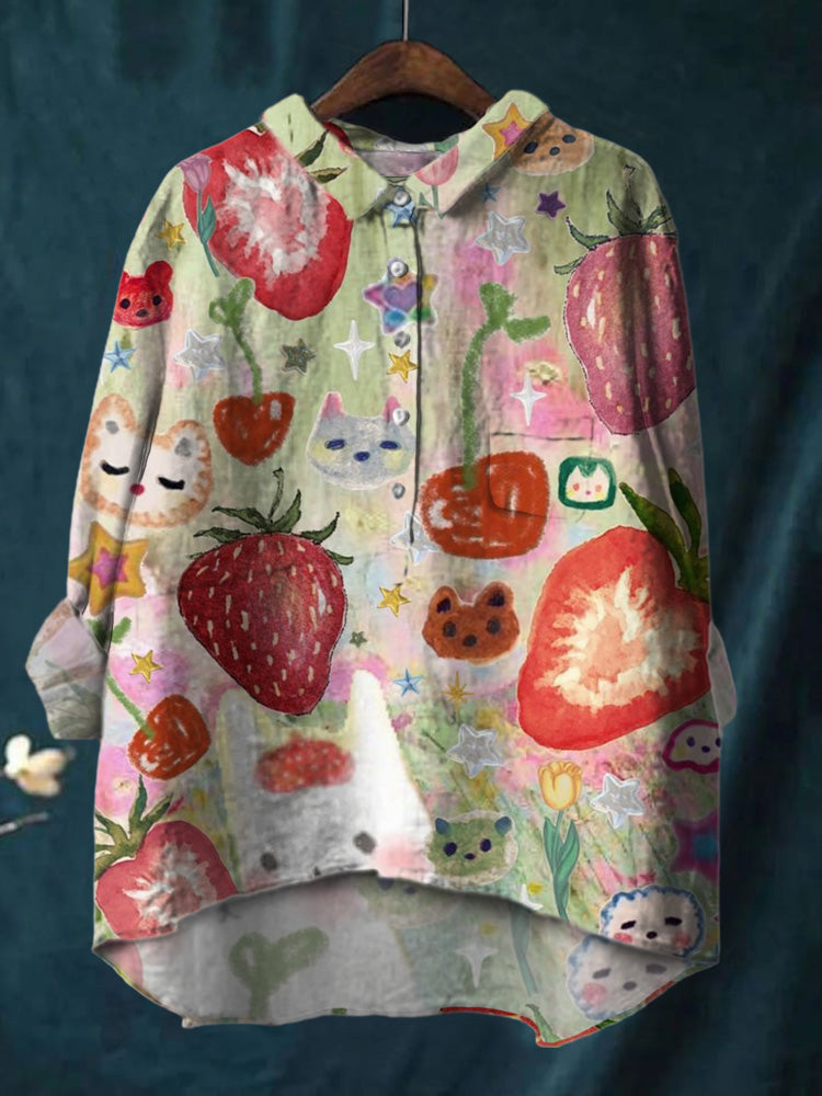 Candy Colored Cartoon Kitten Strawberry Print Cotton And Linen Shirt