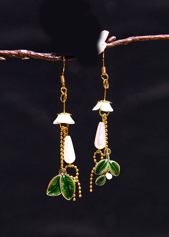 Water Droplet Pearl Green Leaf Drop Earrings
