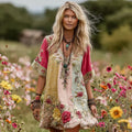 Women's Vintage Rose Floral Art Patchwork V Neck Midi Dress elevenforest
