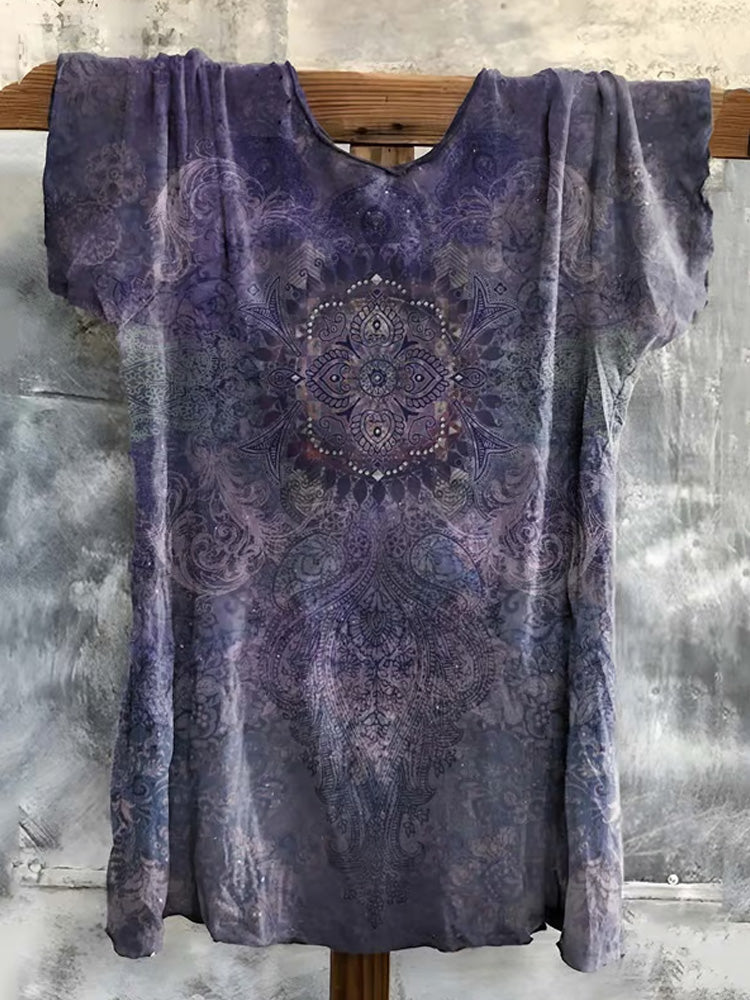 Comstylish Women's Hippie Print V-neck T-shirt
