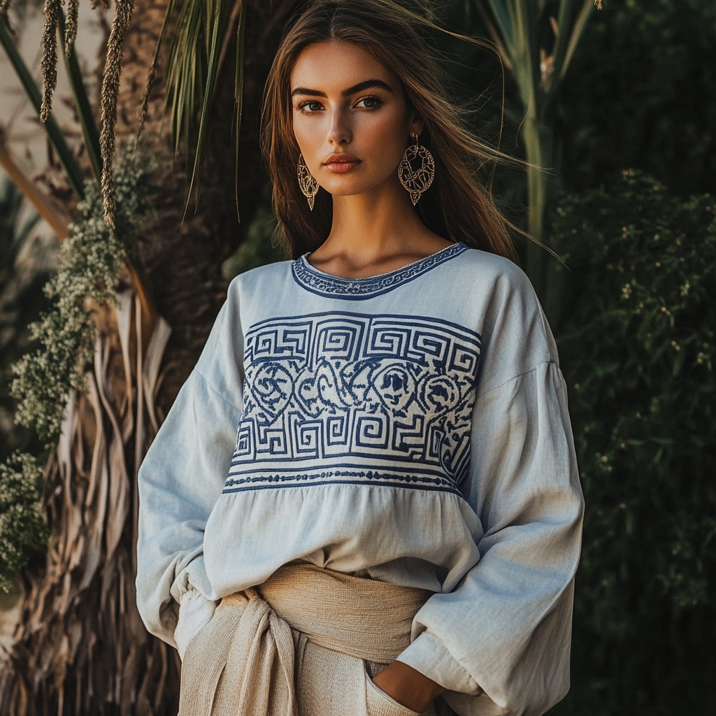 Vintage Greek Key Motif Cretan Embroidery Linen Blend V-neck T-shirt elevenforest