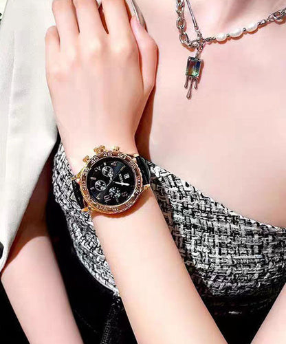 Black Leather Alloy Reinforced Glass Waterproof Watches