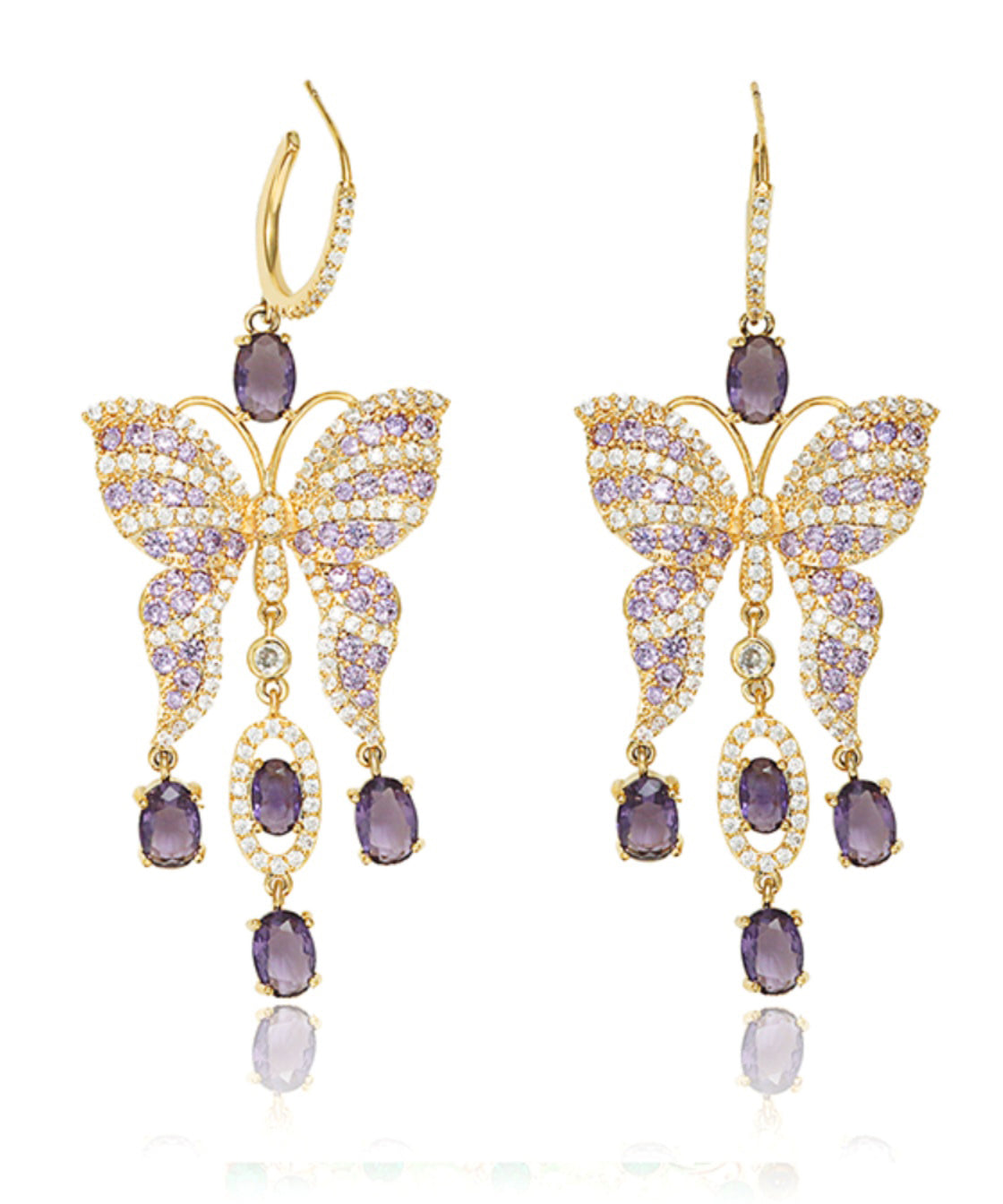 Purple Copper Zircon Crystal Butterfly Tassel Drop Earrings