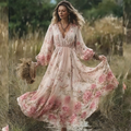 Bohemian Forest Farmhouse Retro Floral Printed Women's V-neck Cotton And Linen Dress elevenforest