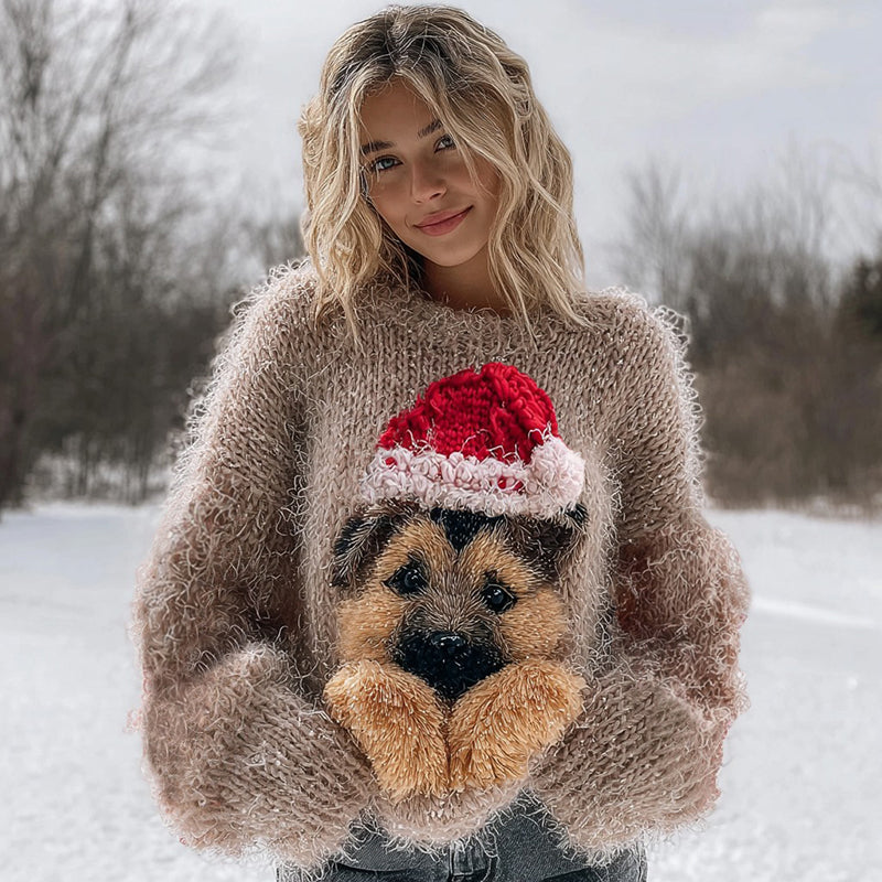 Fuzzy Cute German Shepherd Puppy Knit Christmas Sweater