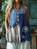 Comstylish Floral Denim Textile Lace Hem Patchwork Tank Top