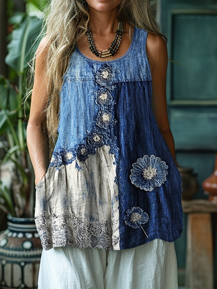 Comstylish Floral Denim Textile Lace Hem Patchwork Tank Top