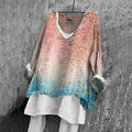 Women's Japanese Floral Gradient Art V-neck Linen Blend T-shirt elevenforest