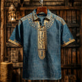 Vintage Egyptian Totem Print Men's Linen Short Sleeve Shirt elevenforest