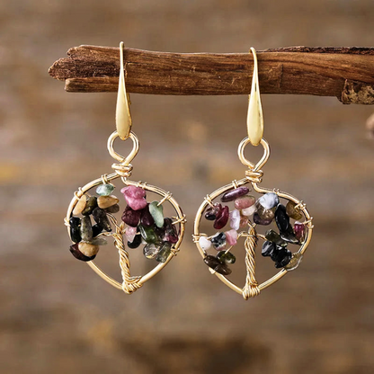 Natural Gemstone Tree of Life Heart Earrings