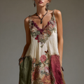 Bohemian Style Plant Flower And Butterfly Pattern Embroidery Design V-neck Woman's Long Dress elevenforest