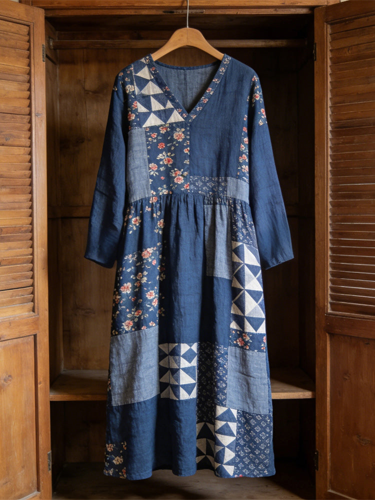 Japanese Floral Geometric Patchwork Women's Linen V-neck Maxi Dress elevenforest