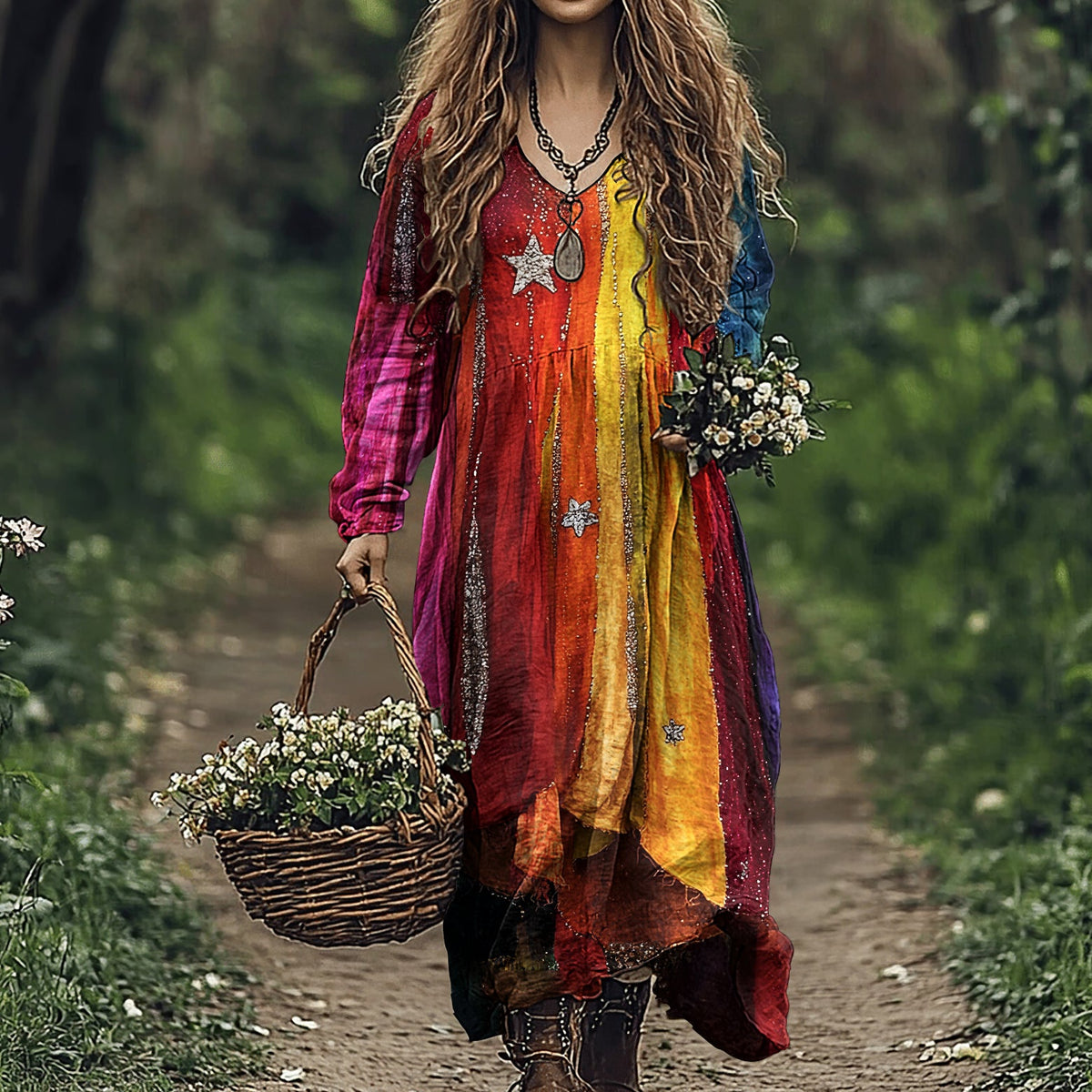 Women's Vintage Gradient Star Patchwork Comfy Midi Dress elevenforest