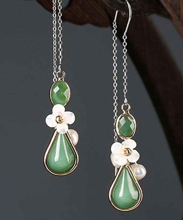 Green Sterling Silver Coloured Glaze Pearl Shell Flower Drop Earrings
