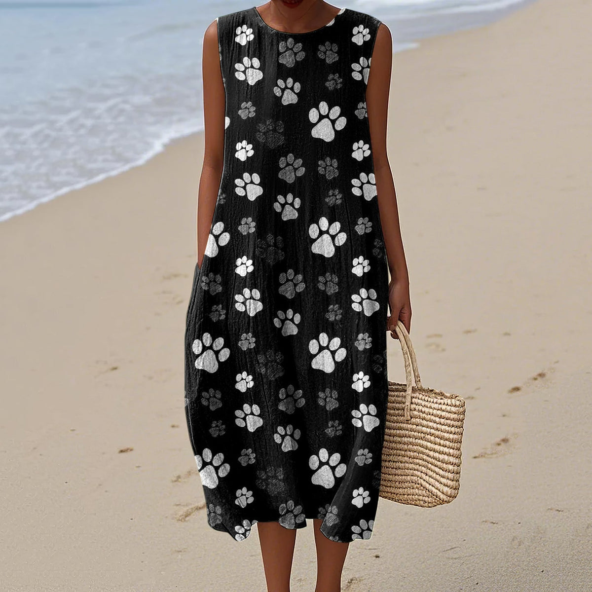 Women's Dog Art Print Cotton And Linen Dress elevenforest