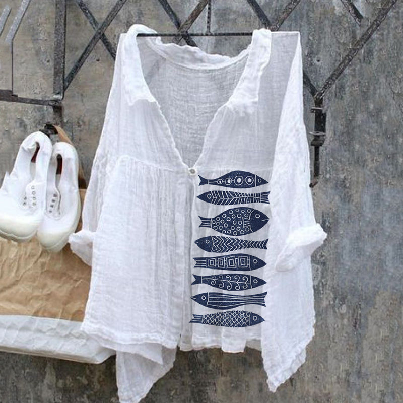 Vintage Japanese Art Fish Linen V Neck Button Comfy Shirt elevenforest