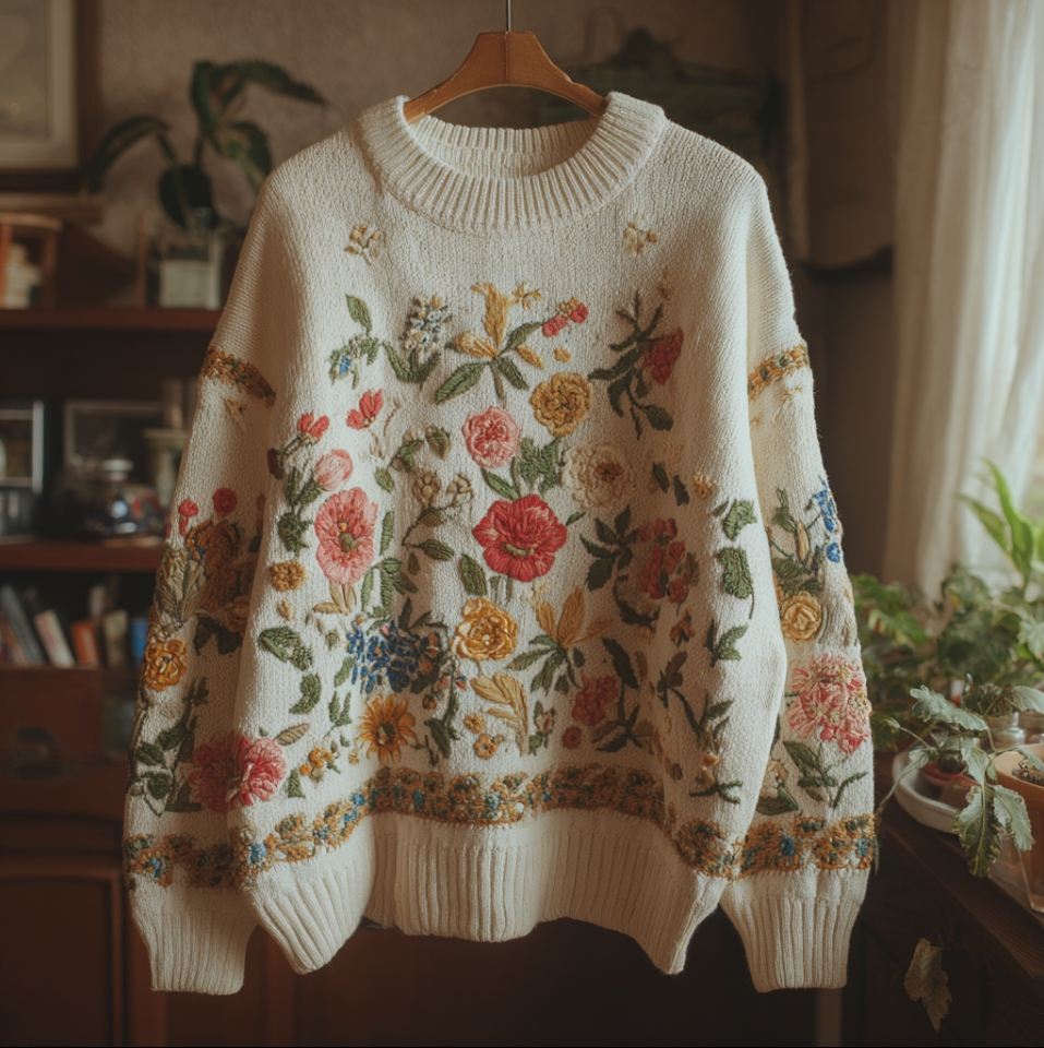 Comstylish Bohemian Style Plant And Flower Embroidery Pattern Women's Round Neck Knitted Sweater