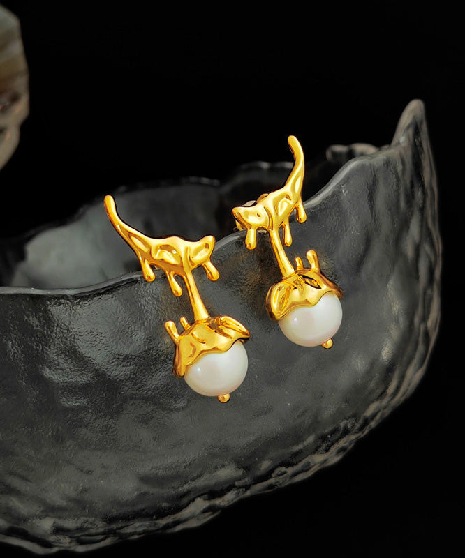 Gold Copper Overgild Glass Pearl Stud Earrings