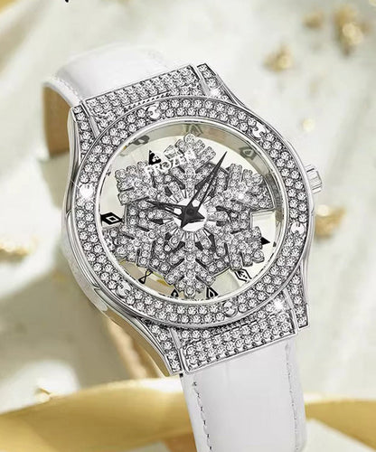 Stylish White Leather Zircon Quartz Movement Waterproof Watches